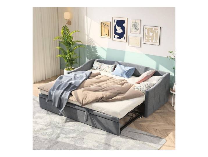 LuxusKollektion Schlafsofa Schlafsofa 200cm Ausziehbar Schrankbett Doppelbett Samtstoff Grau 02