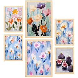 POSTER Set Mit 6 Blumen & Feigen A3 & A4 Rahmen Aus Hellem Holz