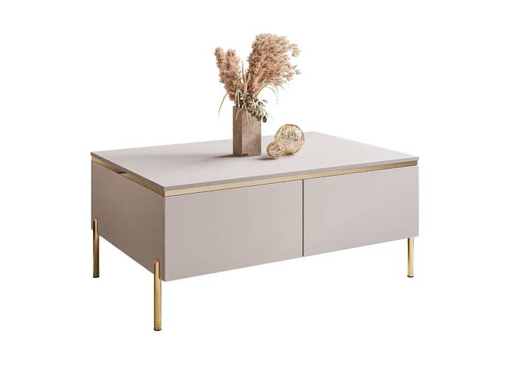 COUCHTISCH AURORA mit Staufach Kaschmir mit gerade Goldchrom Fuße