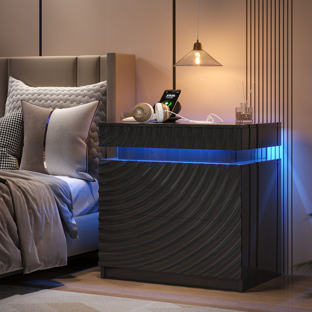 Metro Bedside Table with Hidden Storage and Motion Sensor LED Light Black 60cm H X 60cm W X 40cm D