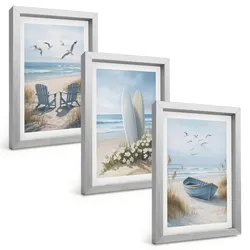 BILDER SET 3er Set - 20x30 cm Silberner Rahmen - Strand Surfbretter Vögel