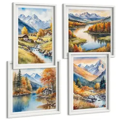BILDER SET 4er Set - 50x50 cm & 40x60 cm Weißer Rahmen - Herbstliche Naturlandschaften