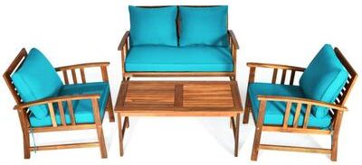 Costway 4 Pieces Wooden Patio Furniture Set Table Sofa Chair Cushioned Garden