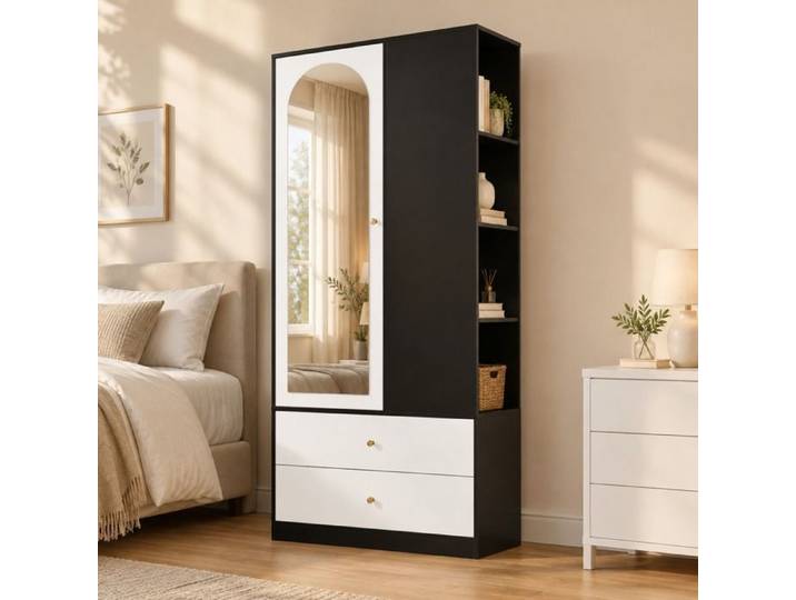 Armoire de chambre QAVRYL 80 x 40 x 180 cm porte miroir 2 tiroirs 4 compartiments blanc et noir