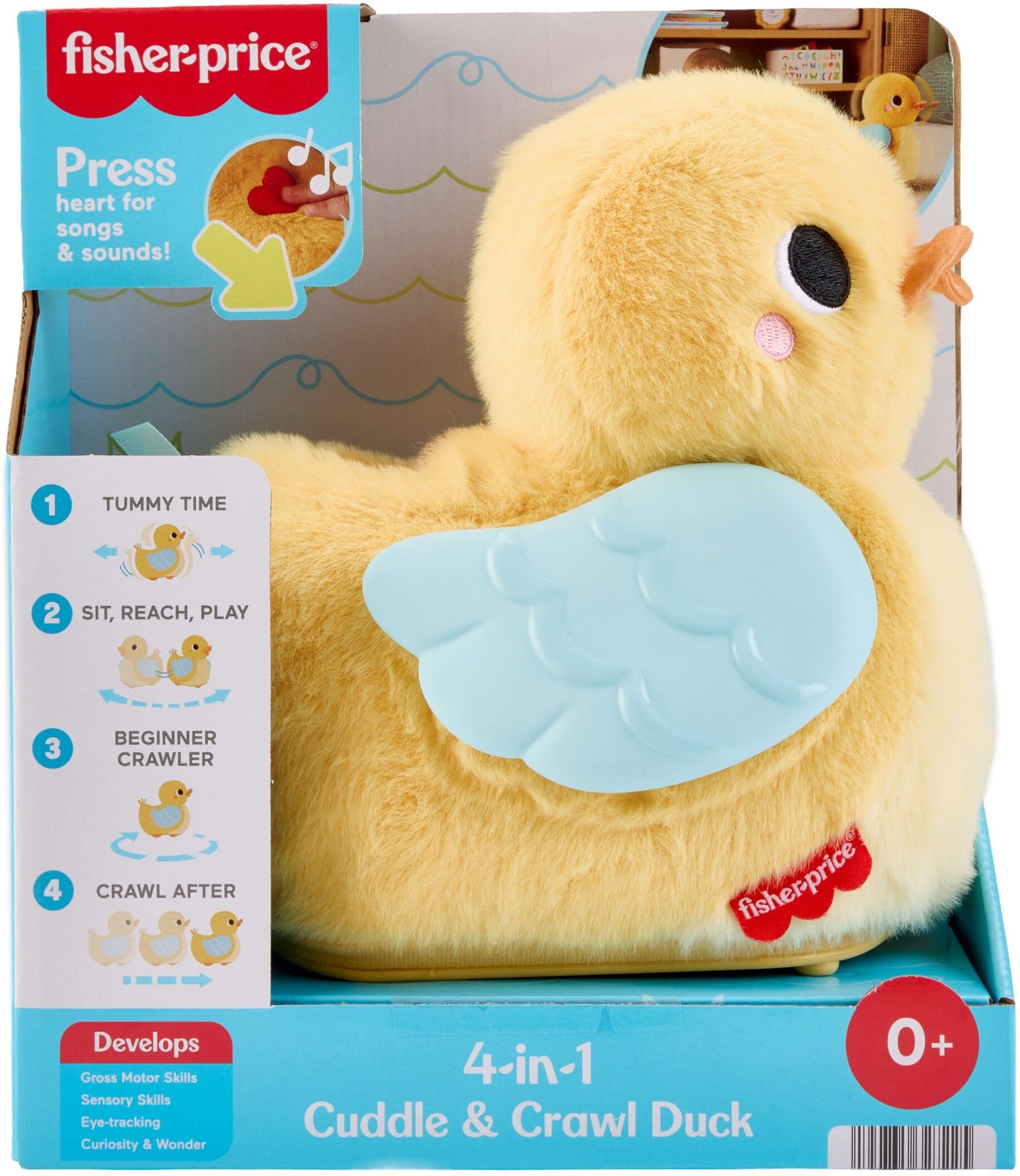 Mattel Fisher-Price 4-in-1 Cuddle ; Crawl Duck - Soft Electronic Plush Toy for Tummy Time, Sit-and-Reach, and Crawl Play - Baby & Toddler Toy