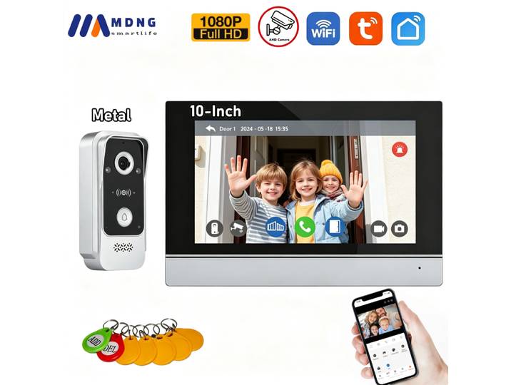 Interphone vidéo WiFi intelligent Tuya 10 pouces, sonnette de porte avec caméra extérieure AHD en métal, déverrouillage par carte IC, pour la sécurité domestique