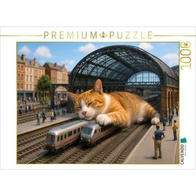 CALVENDO Puzzle Heute Verspätung auf unbestimmte Zeit - riesige Katze schläft im Bahnhof | 1000 Teile Lege-Größe 64x48cm Foto-Puzzle für glückliche