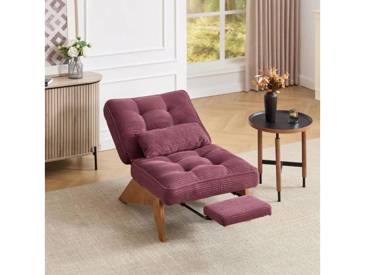 WUVRIE Fauteuil relax 1 place dossier réglable avec repose-pieds velours côtelé rouge bordeaux pieds en bois massif
