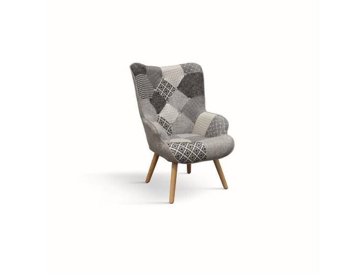 Fauteuil en tissu patchwork gris et pieds en bois