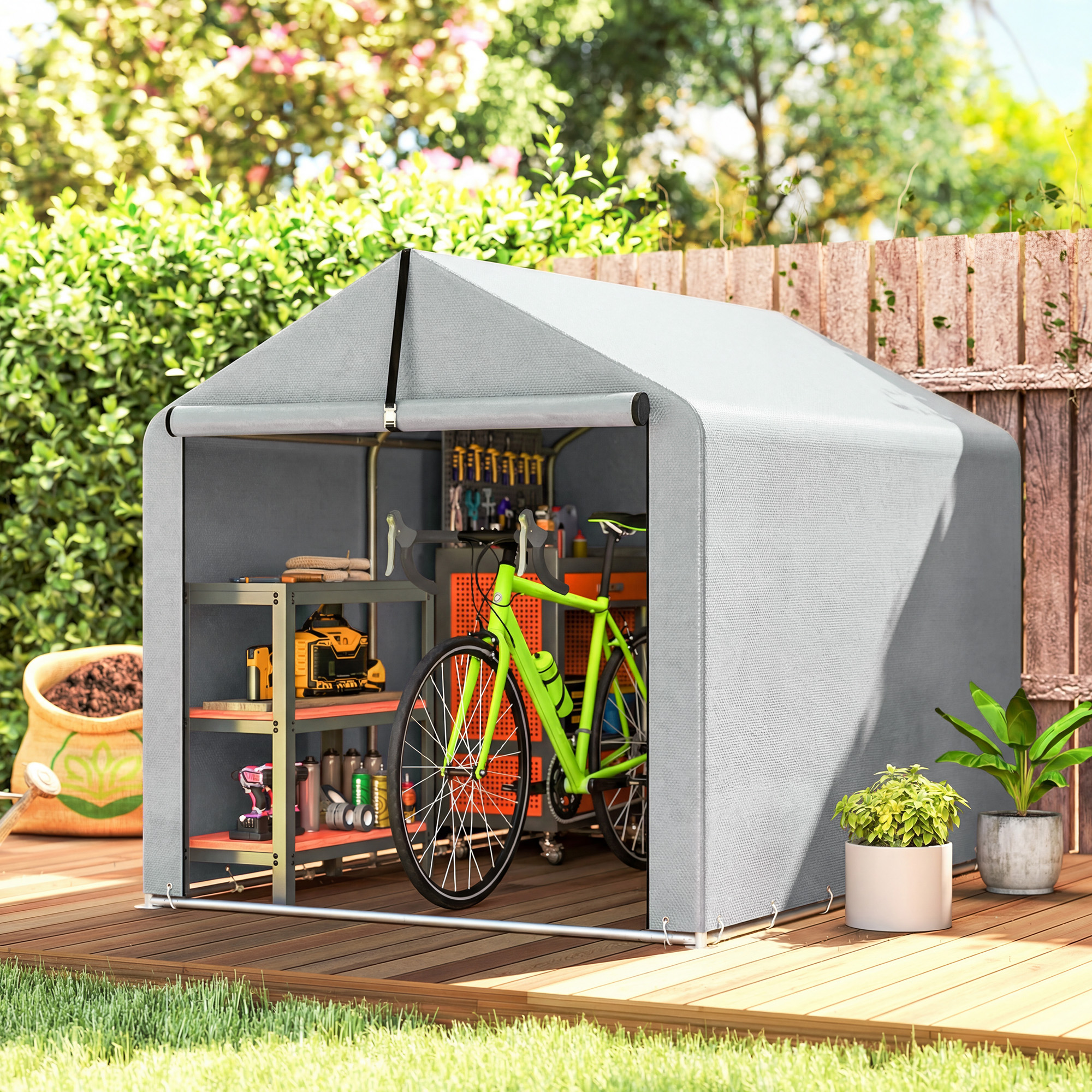 Outsunny Capanno da Giardino Esterno per Attrezzi e Biciclette con Telaio in Acciaio Galvanizzato Porta Avvolgibile Grigio   Aosom Italy