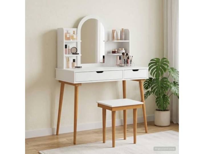 TUERYAFEK Schminktisch-Set 5 Pieces White 100x50x143 cm Kiefernholzbeine, Holzwerkstoff, kompaktes Design, praktische Fächer, pflegeleichte Oberfläche
