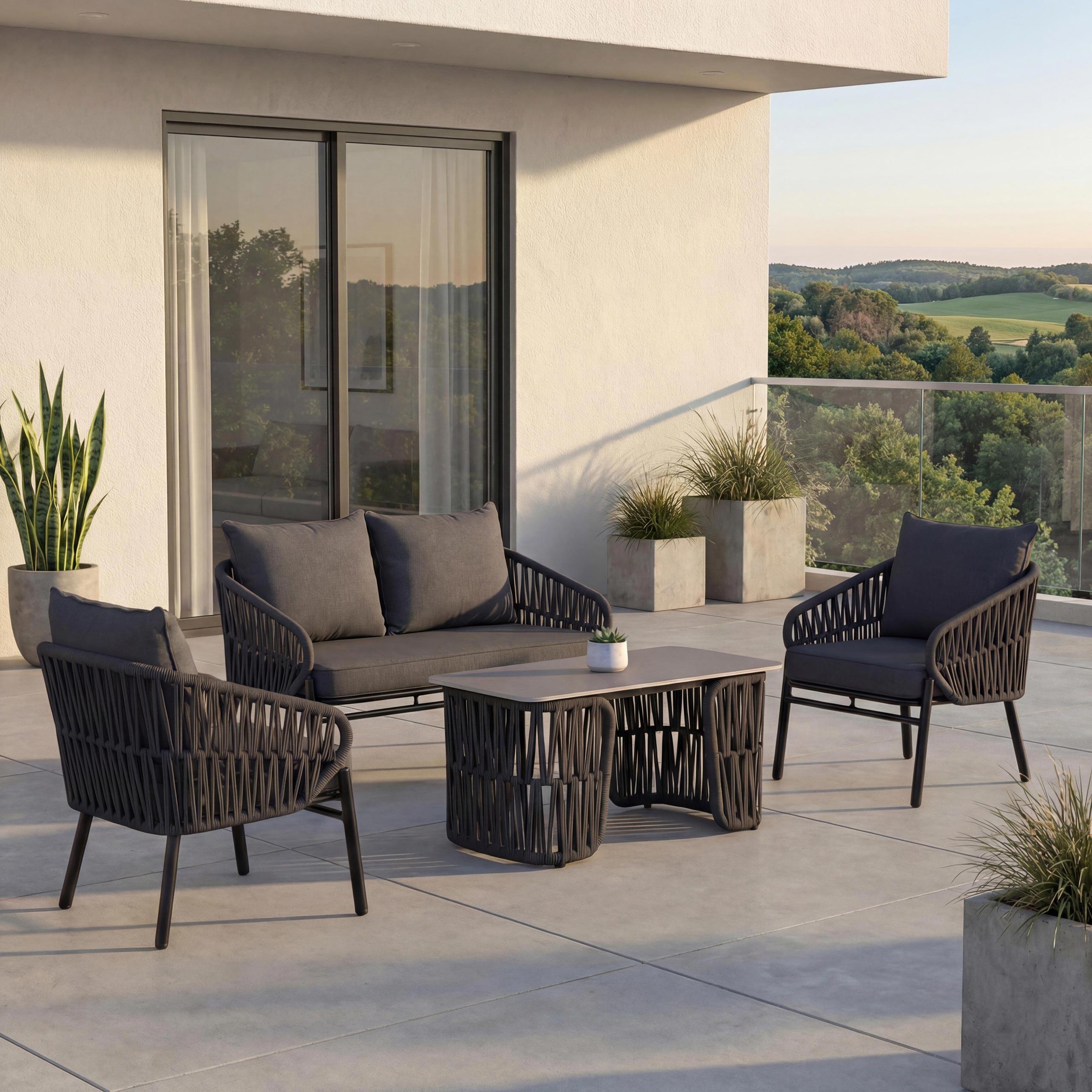Gartengarnitur MCW-P90, Lounge-Set Gartenlounge Sofa Sessel Tisch, Seilgeflecht Rope Stoff/Textil (180g/m²) anthrazit