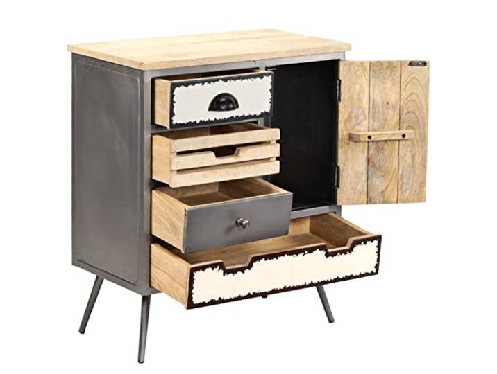 KTHLBRH Anrichte aus Massivholz, Mango, 65 x 33 x 76 cm, 4 Schubladen Stil der 50er Jahre, Stahlrahmen, 1 Schrank, stabile Oberfläche, einfache Montage