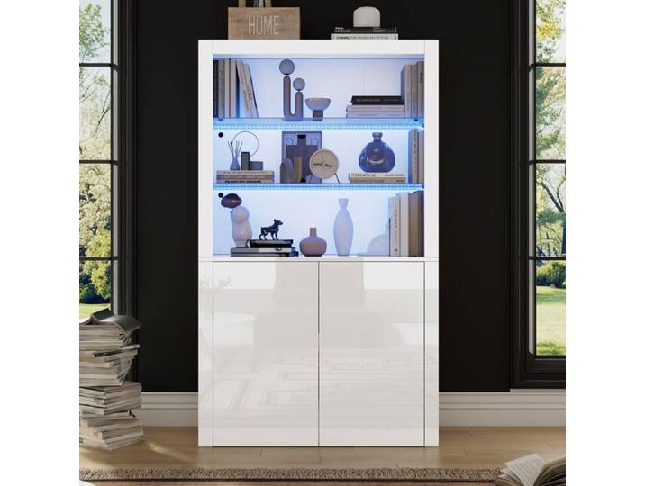 Buffet bahut Buffet 2 portes Vitrine avec lumière LED pour salon Buffet cuisine Vitrine en verre trempé Etagères de rangement