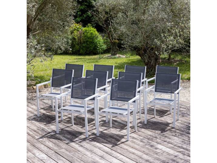 Lot de 10 chaises en aluminium blanc - textilène gris
