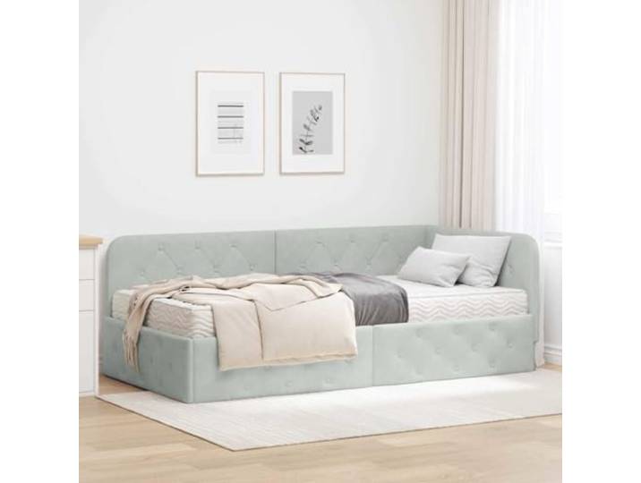 Samtbezug L Design Eckbettgestell Sofa Bett Hellgrau 90 x 200 cm Eckbettgestell mit Matratze Hellgrau 90x200 cm Samt Sofa Bett L-Form Schlafzimmer Möbel mit Lattenrost