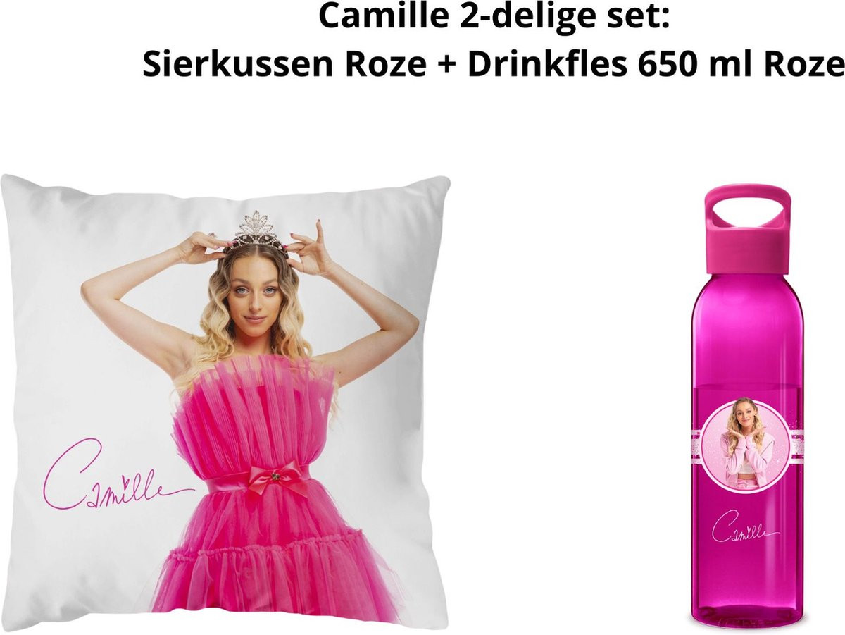 Camille Dhont 2-delige set met roze vierkant sierkussen en roze drinkfles van 650ml