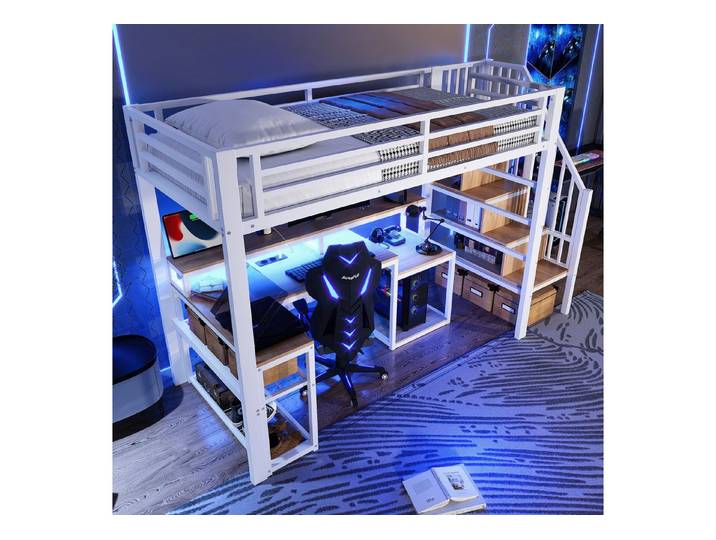 STILVORA Hochbett 90x200 Metallbett mit Ablagefach Jungendbett mit Sicherheitsgeländer (mit Eisenrahmen, LED-Licht, USB-Anschluss und Stauraum, 90x200 cm) ohne Matratze