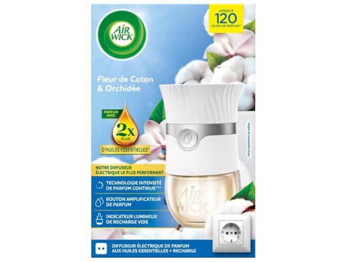 Air Wick Diffuseur Electrique désodorisant Huiles essentielles + 1 Recharge Fleur de Coton et Orchidée