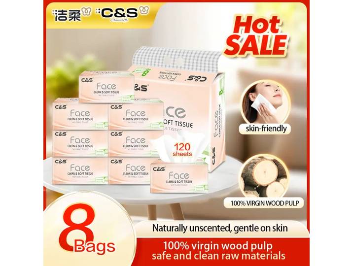 C&S Mouchoirs en papier, Rose, Type extractible doux, 3 épaisseurs, 960 feuilles (8 paquets de 120 feuilles chacun), Doux pour la peau et pack familial