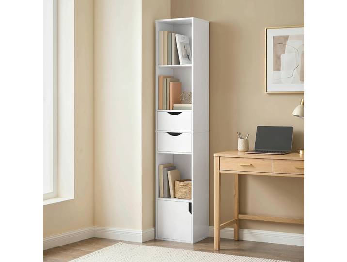 HOMCOM Bibliothèque Étroite 3 Niveaux 2 Tiroirs 158cm Blanc