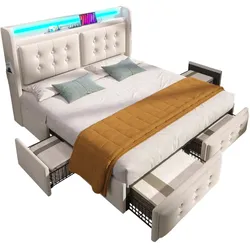 Polsterbett 160x200 mit LED-Kopfteil, USB-Ladefunktion und Stauraum – Elegantes Design, stabile Konstruktion und 4 Schubladen, grau