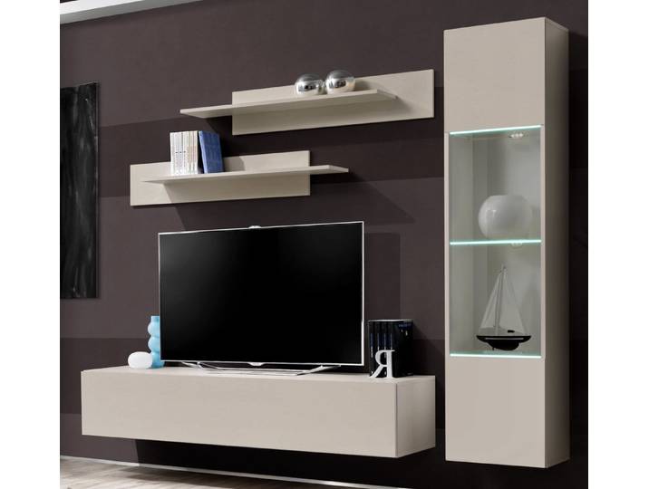 Inn.Furn Wohnwand Option, (Schrankwand 4-teilig in Kaschmir / Sand, hängend, Breite 210 cm), inklusive Beleuchtung, Push-To-Open-Funktion