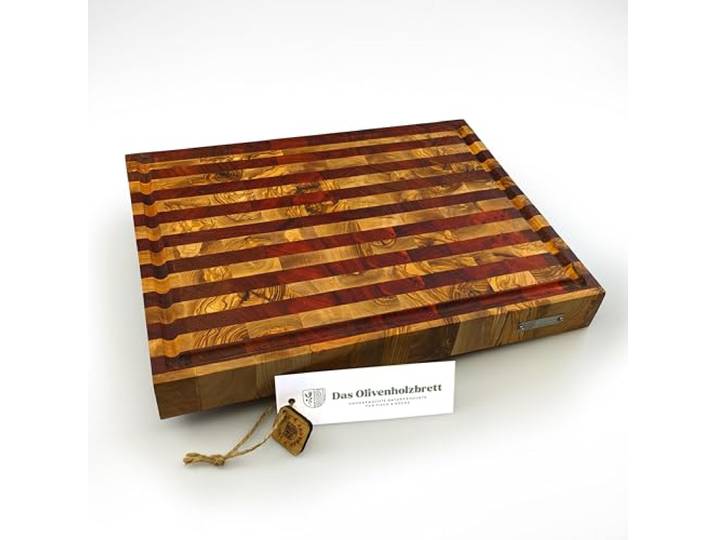 DAS OLIVENHOLZBRETT®Mosaik Schneidebrett mit Saftrille /40cm x 30cm x 4,5cm Exklusives Olivenholzbrett/Luxus Hirnholzbrett / Stirnholz /massiv/ auf Anfrage mit Stereo Füßen