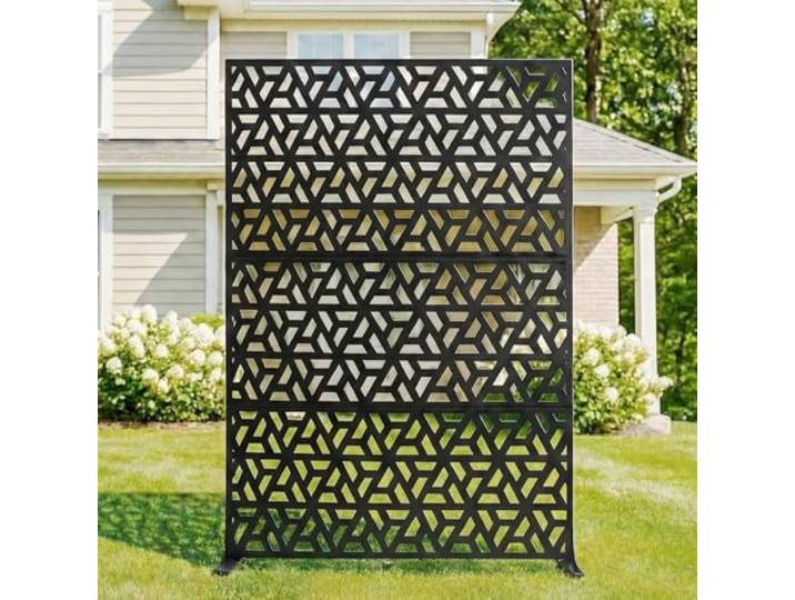 Sichtschutz Metall, Freistehender Paravent 183x119 cm, Wetterfester Sichtschutz für Garten, Terrasse & Balkon, Raumteiler mit Ständer, Verzinkter Stahl für Outdoor & Deko, Geometrisch Schwarz