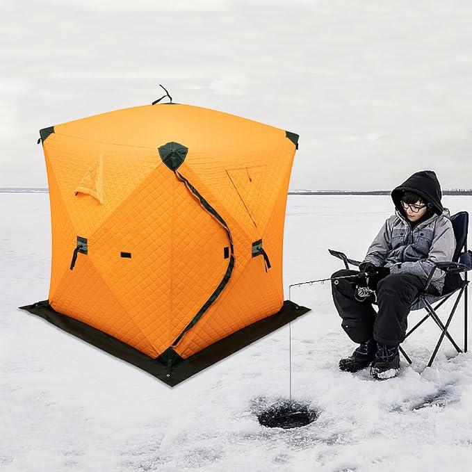 Eisangelzelt hochwertiges +4* Eisspikes, winddichtes Seil DREI Wärmeschichten Doppeltes Reißverschluss-Design 210D Oxford Kalt und wasserdicht Komfort 1-2 Menschen orange145*145 * 165cm