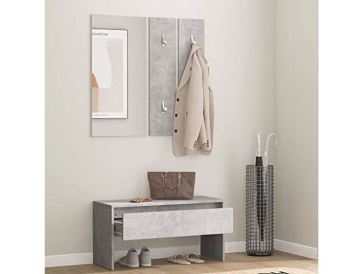 KTHLBRH Eingangsset Betongrau 80 cm mit Bank und Spiegel Mehrschichtiges Holz, Schublade, 2 Kleiderbügel, max. Belastung 110 kg