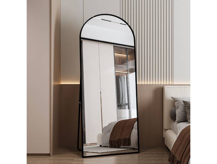 Miroir Pleine Longueur, 180x80 cm, Miroir sur Pied avec Support, verre Trempé, Miroir Arqué Noir, Miroir à Cadre en Métal