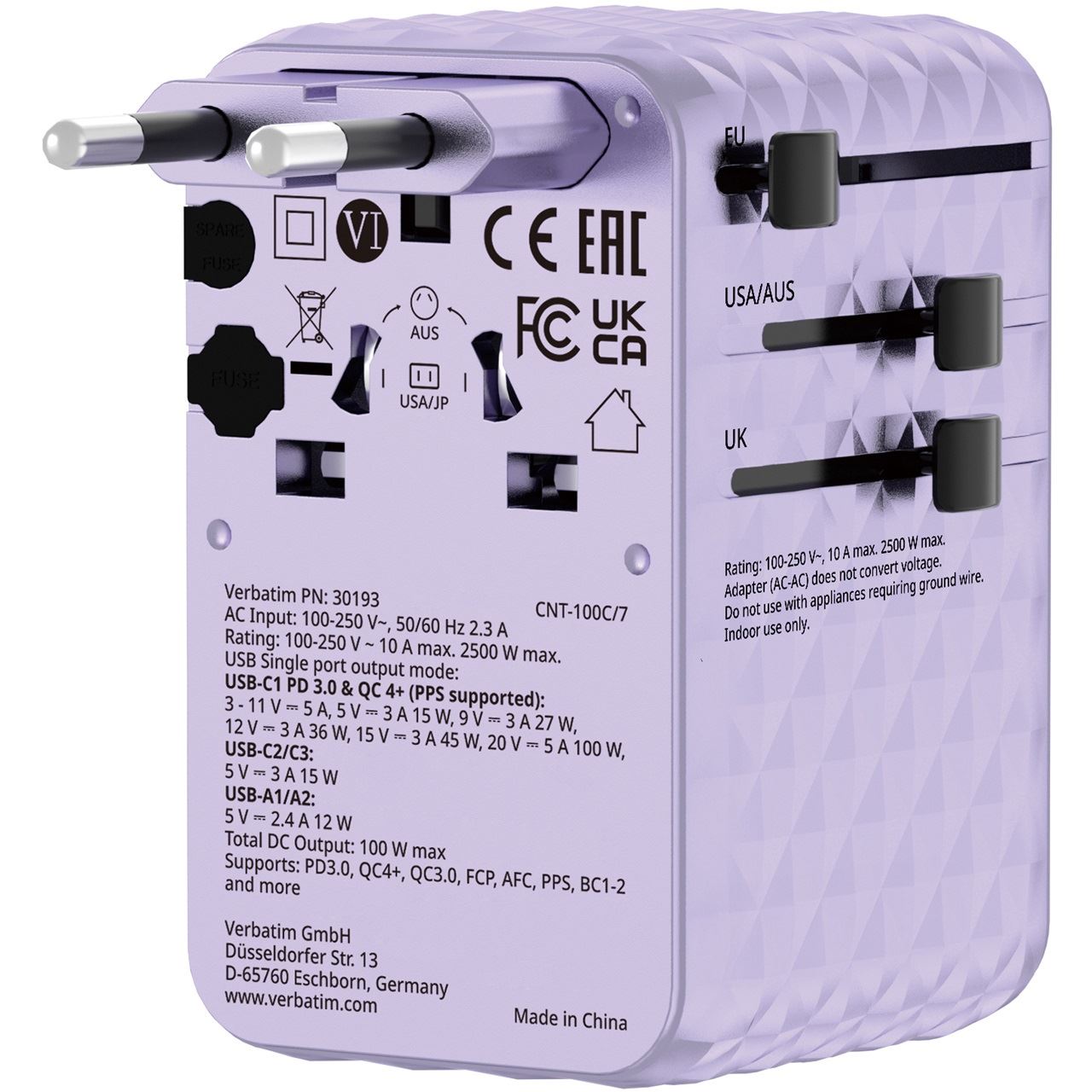 VERBATIM CHARGE 'N' TRAVEL 100W UNIVERSAL TRAVEL ADAPTER WITH RETRACTABLE CABLE PURPLE