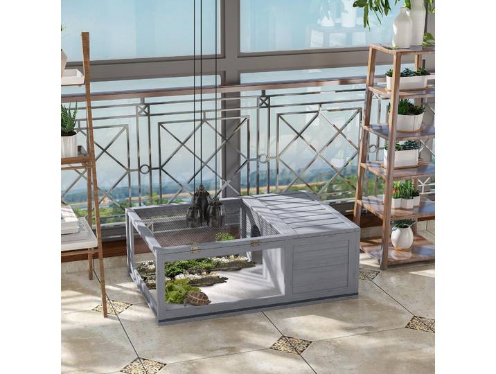 PawHut Habitat Tortues Bois Gris 91x60,5x32cm 2 Espaces