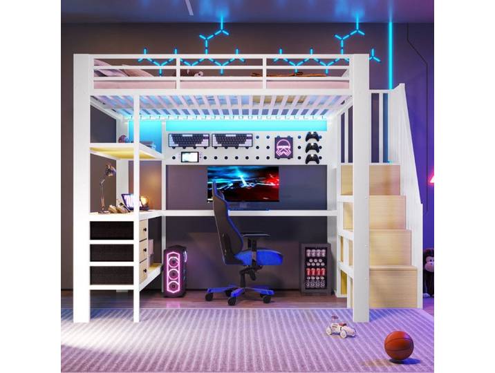 Lit mezzanine 90x200cm 3 tiroirs + mur perforé + marches rangement - prise intégrée + bande LED dimmable - espace travail - Blanc