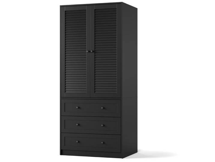 Armoire vestimentaire bois 2 portes 3 tiroirs effet rotin anti-basculement – chambre/salon/bureau-noir