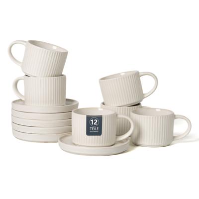 Espressotasse OTTO HOME "Ylvii, 12er Set, bestehend aus 6 Tassen + 6 Untertassen", beige (reactive weiß), H:4,8cm Ø:6,2cm, Steinzeug, Trinkgefäße, Espressotasse, für 6 Personen, spülmaschinenfest und mikrowellengeeignet, 90 ml