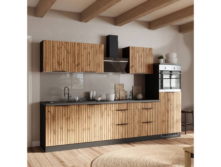 Autarke Küchenzeile Liverpool Schwarz 300cm Braun Glaskeramik mit Elektrogeräten mit Kühlschrank