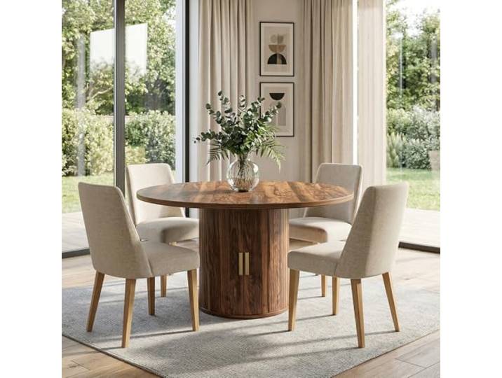 OOFAYJIA Esstisch Ausziehbar, Runder Esszimmertisch mit Holzsockel, Ausziehbar zu Oval, Moderner Küchentisch für 4-6 Personen, Rustikal Braun,Pedestal Base
