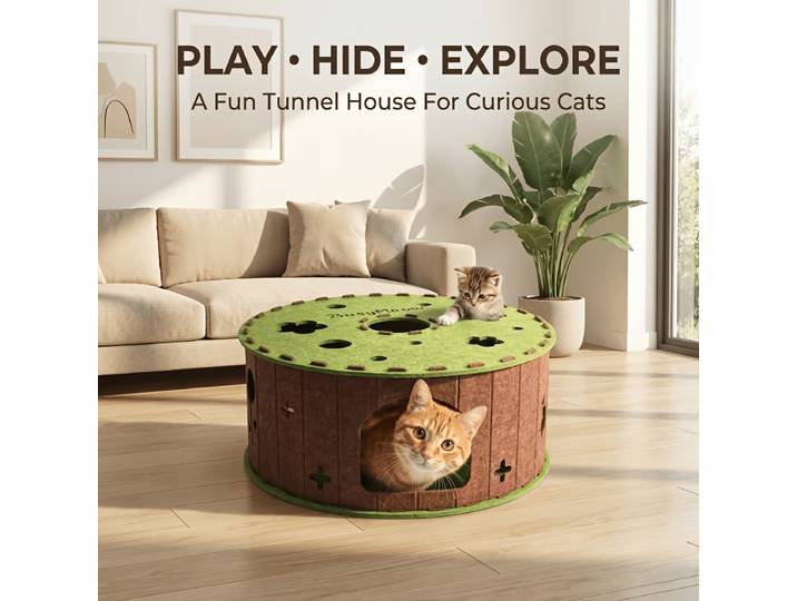 Tunnel interactif en feutre pour chat, résistant à l'usure, sans peluches, facile à assembler, abri confortable pour chats, meuble de type grotte