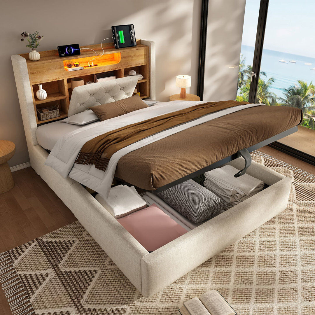 17 Stories Lift Up Storage Bed Frame Beige Double