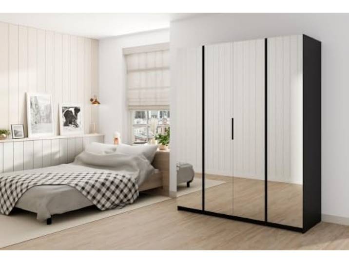 AX Living Nehir Schrank 200 cm Schwarz/Eiche Evoke, 4 Spiegeltüren 4 Spiegeltüren – clever organisiert.