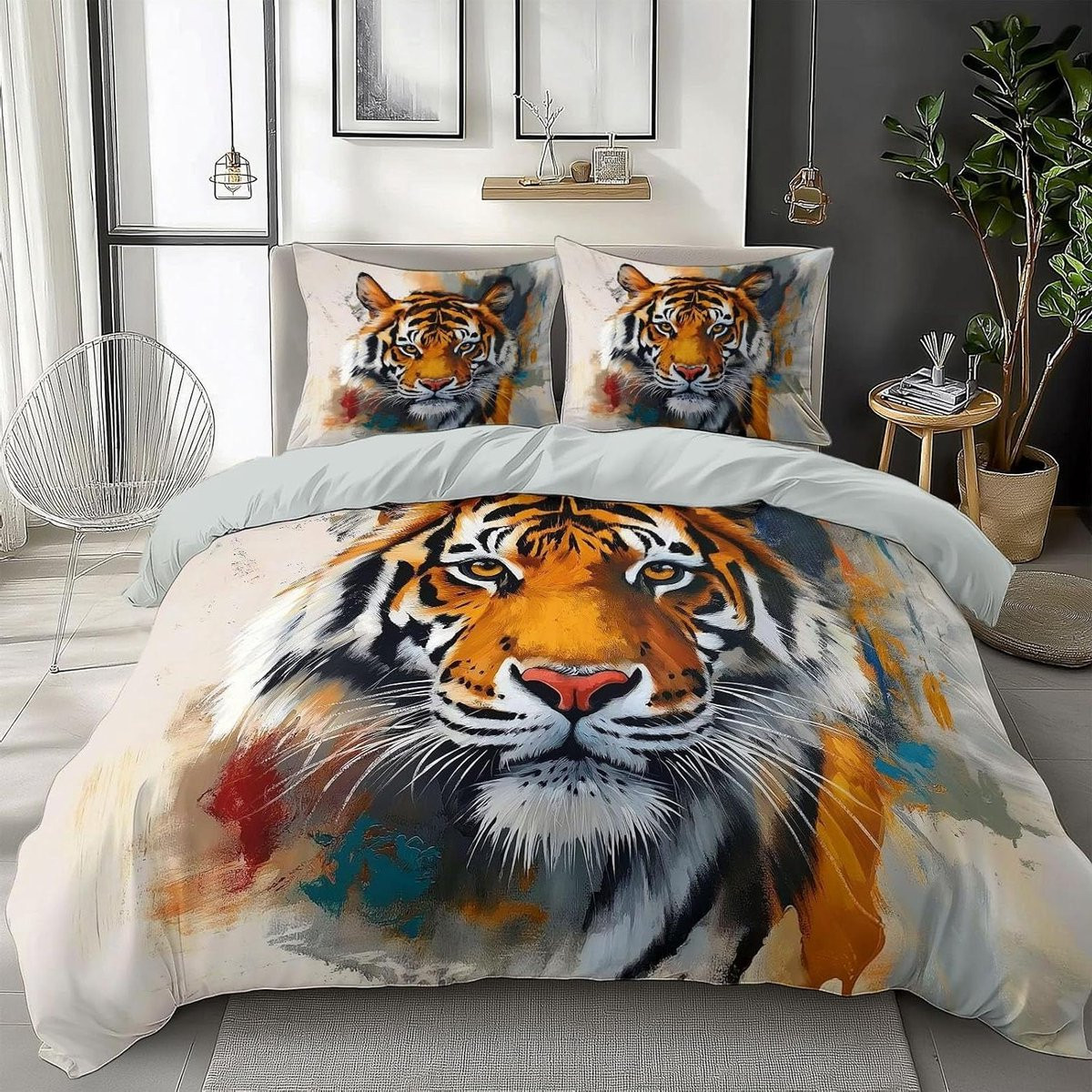 Omkeerbare dekbedovertrek set met dieren in olieverf stijl, grijs, 180 x 200 cm