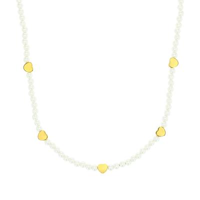 Perlenkette AMOR "Herzen", gold (gelbgoldfarben, weiß), Halsketten, Damen, Edelstahl Perlen, L: 45 B: 3mm, Edelstahl, Perlen, Perlenkette, mit Glasperle, B:3mm