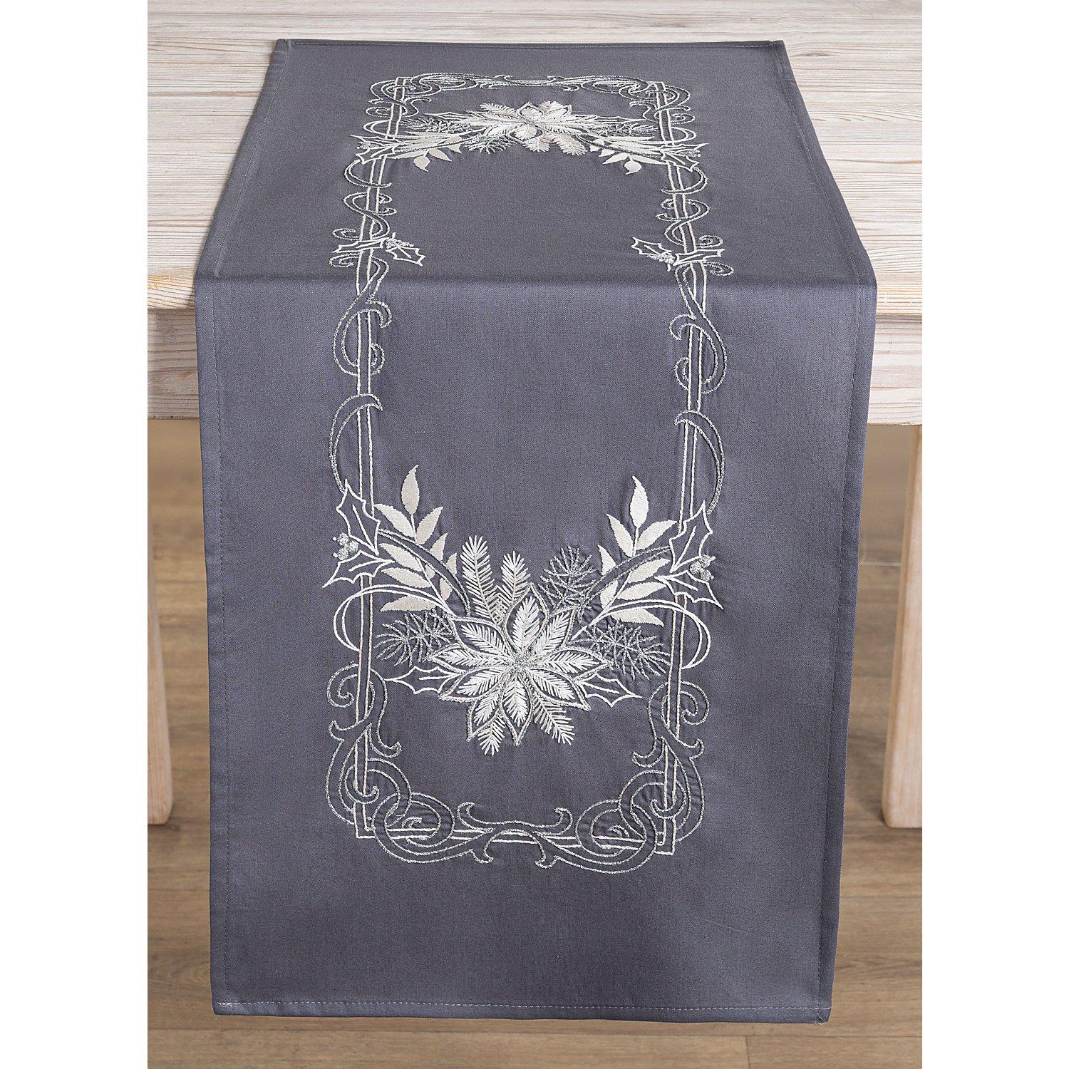 Stickläufer "Weihnachtsstern grau/silber"