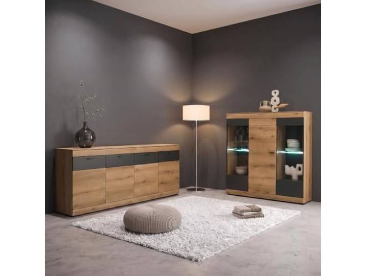 Lomadox Esszimmer-Set mit Sideboard & Highboard, inkl. Beleuchtung, Eiche mit Graphit, modern, 2-teilig