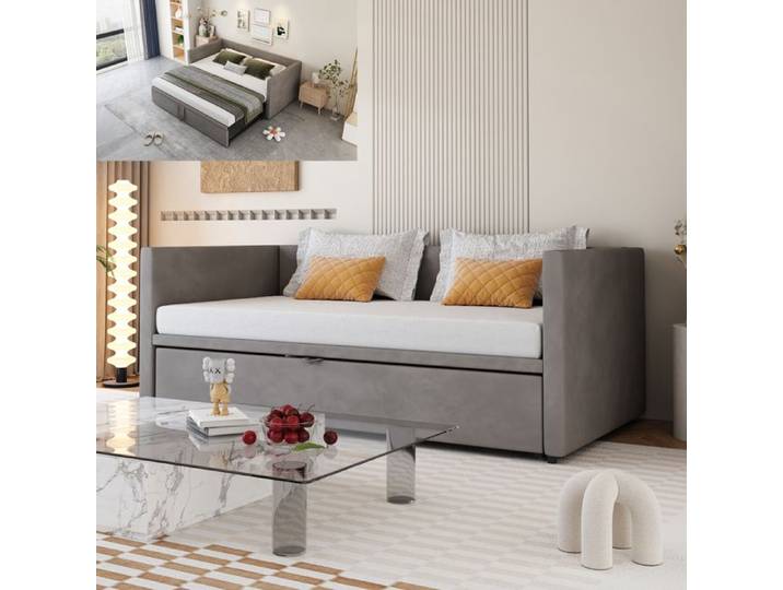 Lit gigogne - 90x200 cm - Extensible 90(180)x200 cm - Tissu velours - Gris