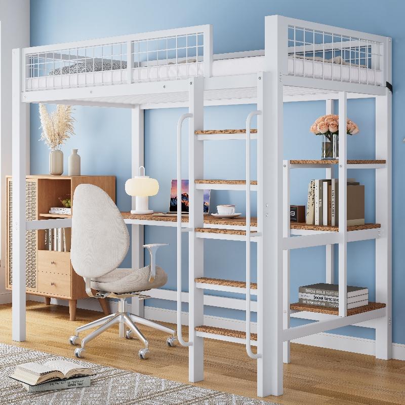 Metall Etagenbett 90x200 cm Weiß+Natur mit Schreibtisch und Regalen für Schlafzimmer