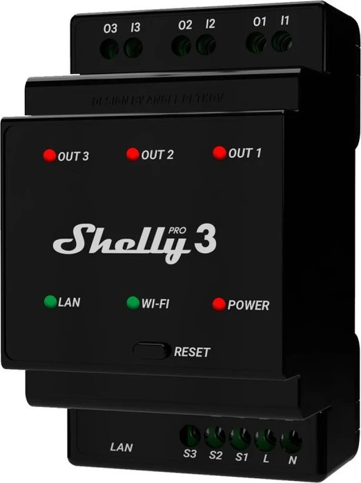 Shelly Pro 3, Schaltmodul 3x 16A für DIN-Schiene, WiFi, LAN