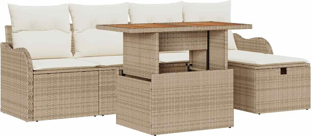 Gartenmöbel-Set, 6-teiliges Sofa-Set für Außenbereiche, robustes Poly-Rattan mit Stahlrahmen, höhenverstellbar, 5 Sitzplätze, Beige